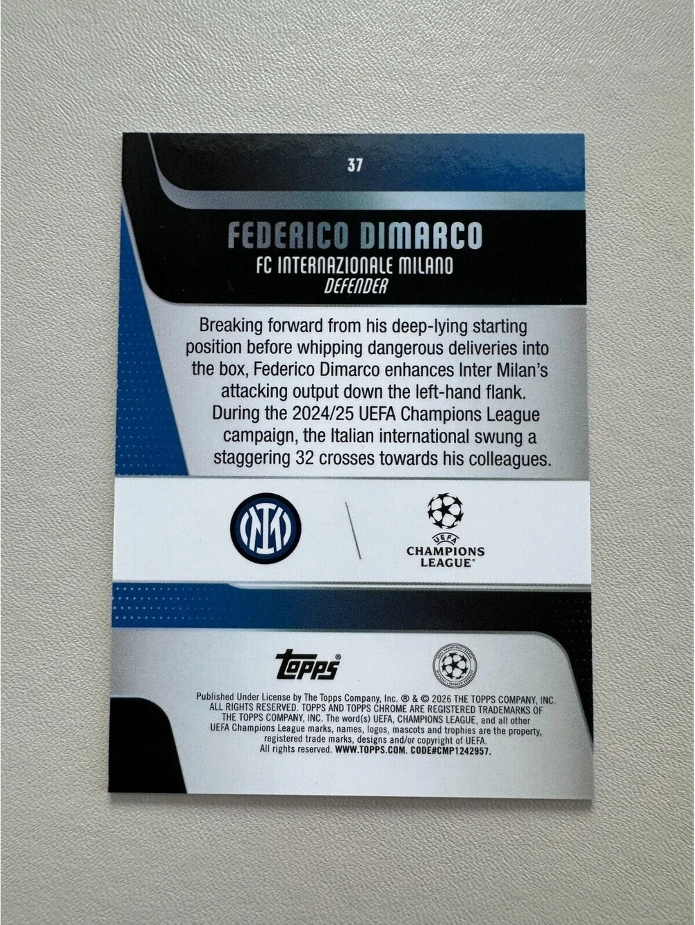 2025-26 Topps Chrome UEFA Federico Dimarco Refractor #37 Inter Milan FC Internaz